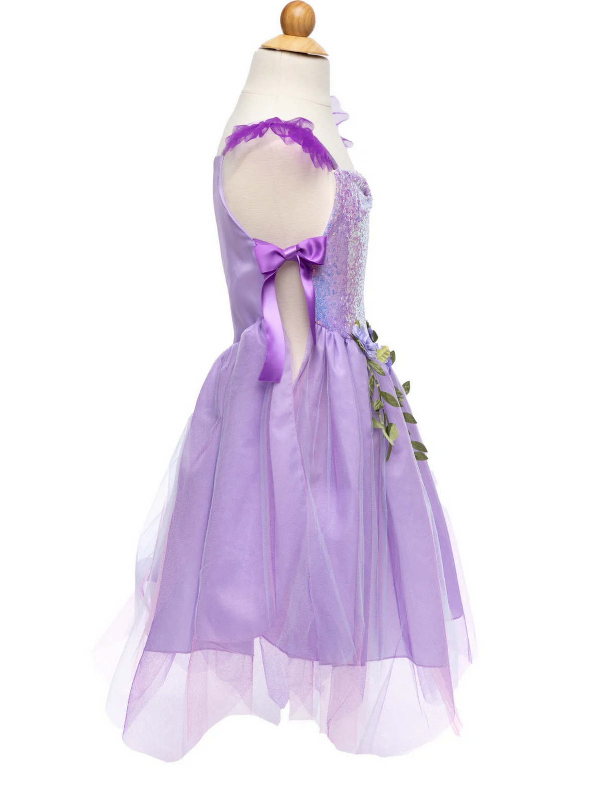 Lilac Sequins Fairy Tunic | Size 5-6 featuring a sparkly sequin bodice with purple ribbon ties and layered organza petal skirt.