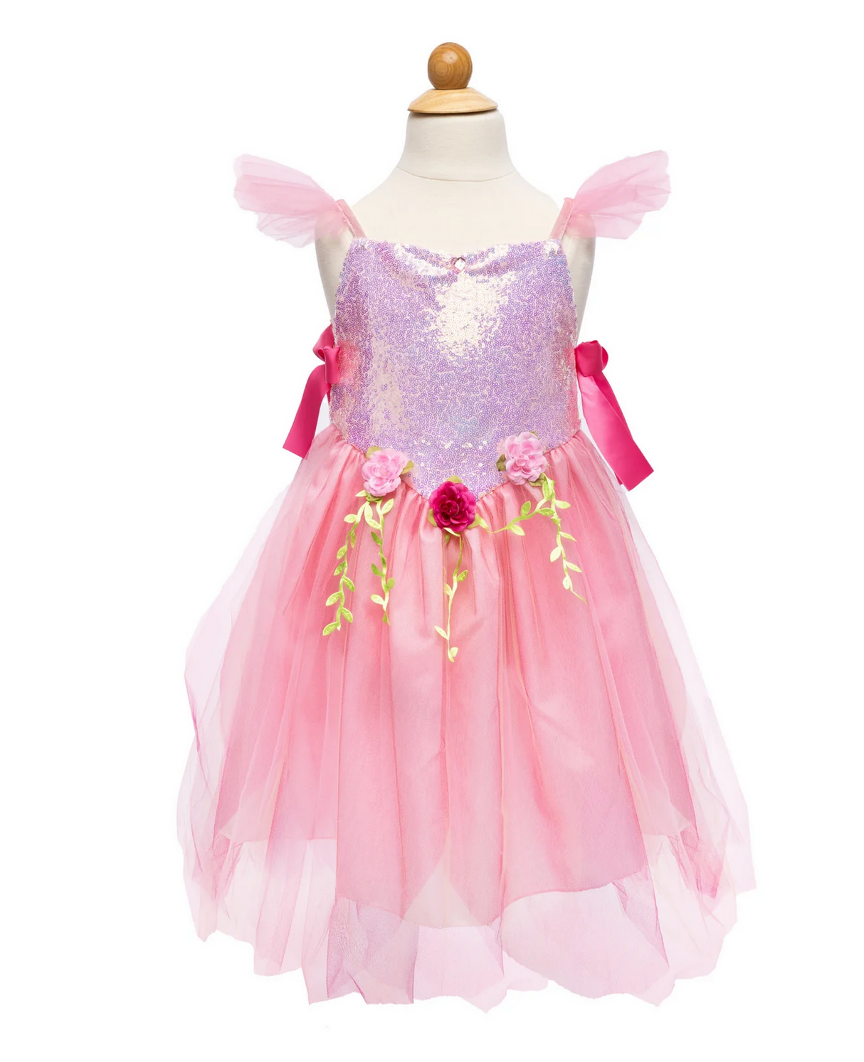 Pink Sequins Fairy Tunic | Size 3-4 with shimmering sequined bodice, organza petals, and floral accents on a child’s dress form.