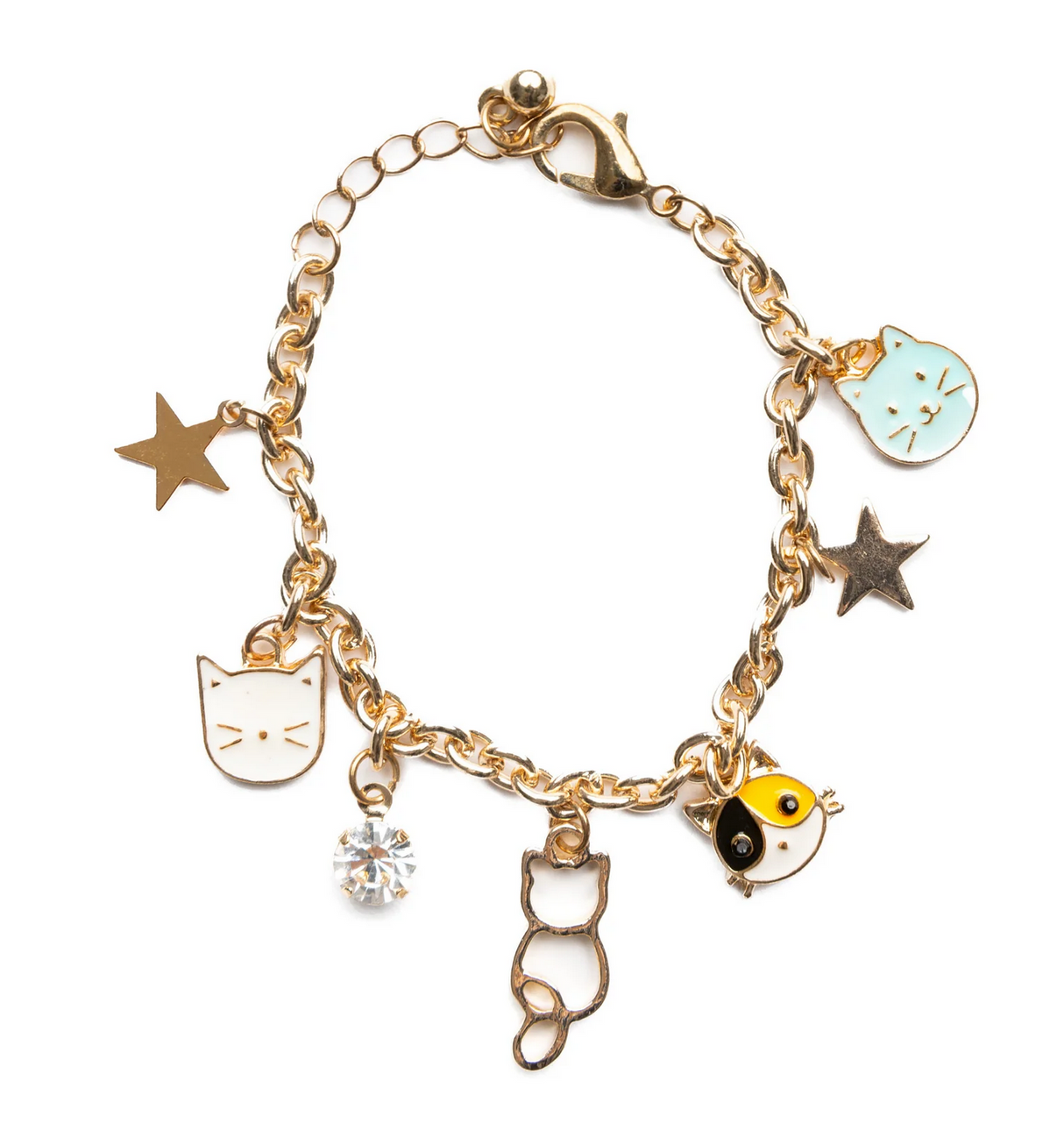 Purrfectly Charming Bracelet with gold chain and playful cat and star charms for young cat lovers.