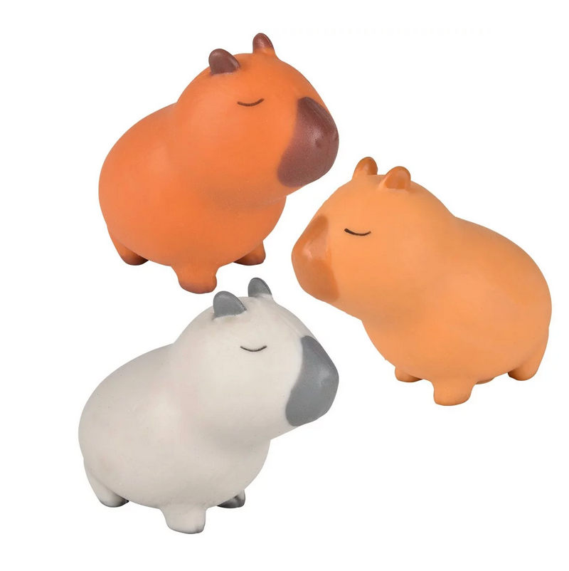 Three assorted colors of Squish & Stretch Capybara fidget toys designed for stress relief and playful squeezing.
