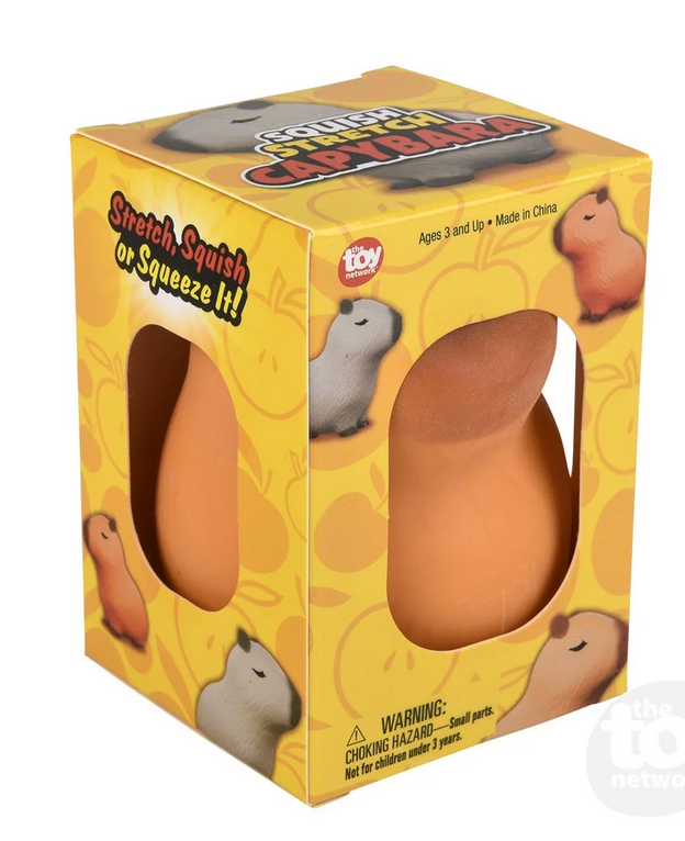 Squish & Stretch Capybara fidget toy in orange packaging for stress relief and sensory play, ages 3 and up.