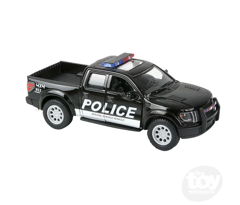 Ford F150 Police/Firefighter die-cast 2013 black police truck with pull back action and opening doors toy.