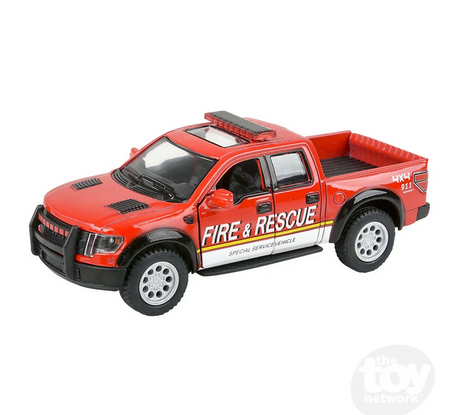5" Die-Cast Pull Back 2013 Ford F150 Police/Firefighter red fire & rescue truck with opening doors and pull-back action.