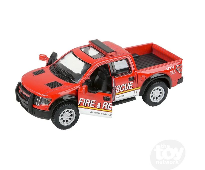 5" Die-Cast Pull Back 2013 Ford F150 Police/Firefighter toy with functional doors in red fire rescue design.