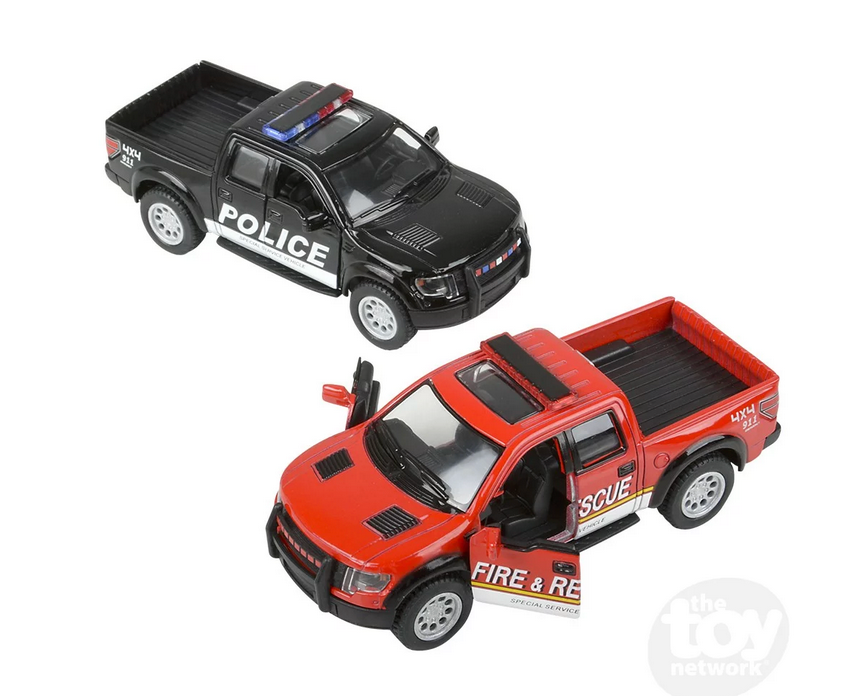 Ford F150 Police/Firefighter 5" die-cast pull back truck with functional doors, assorted police and fire styles.