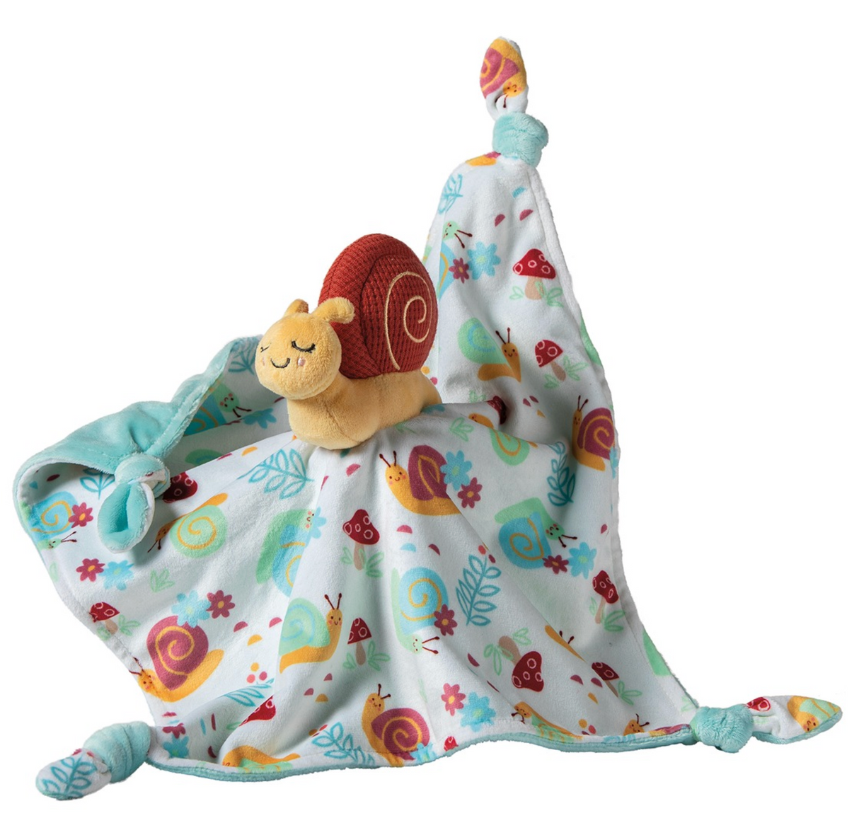 Skippy Snail Blankie with an embroidered smiling snail, mushroom print, knotted corners, and soft aqua plush backing.