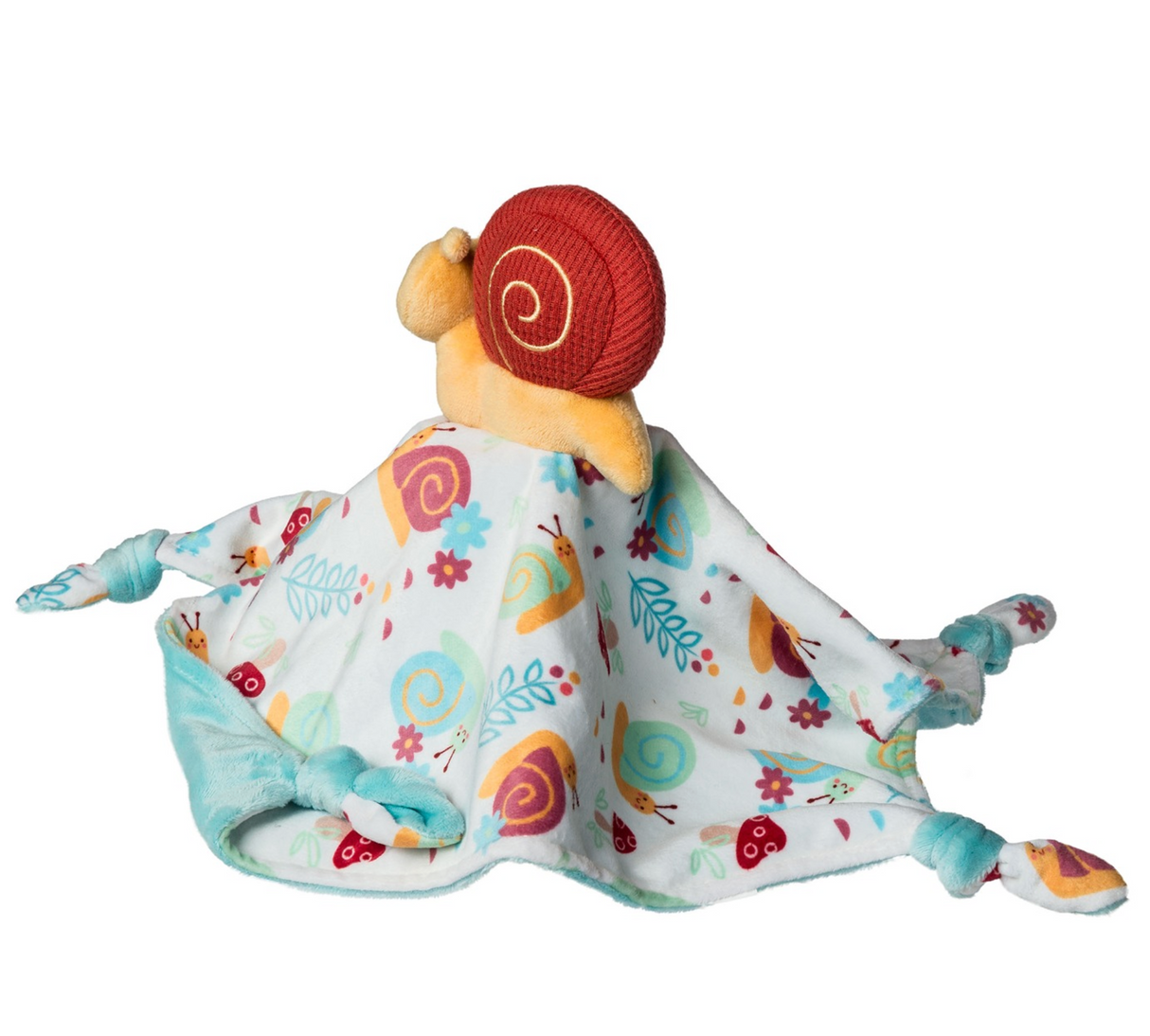 Skippy Snail Blankie with plush snail, knotted corners, colorful nature print, and soft aqua backing for sensory play.