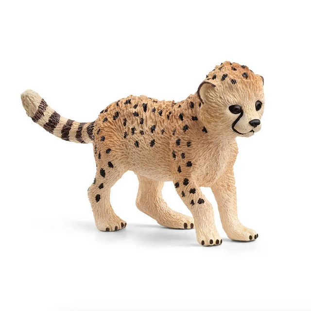 Realistic miniature cheetah cub figurine with detailed spots and texture, perfect collectible for kids ages 3 and up.
