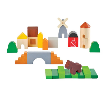 PlanToys Country Blocks wooden farm set with barn, windmill, horse figure, and colorful building pieces for imaginative play.