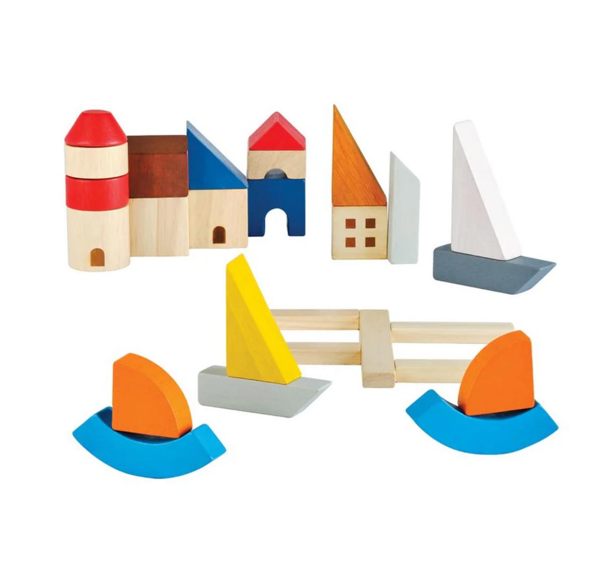 Marina Blocks wooden set with colorful sailboats, lighthouse, docks, and buildings for imaginative play.