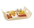 Breakfast Menu with wooden bread, bun, sausage, bacon, cheese, fried egg, salt, pepper, and serving tray for kids.