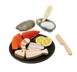 Seafood Platter with wooden oyster, prawn, fish, lemons, plate, and utensils for children's pretend play kitchen.