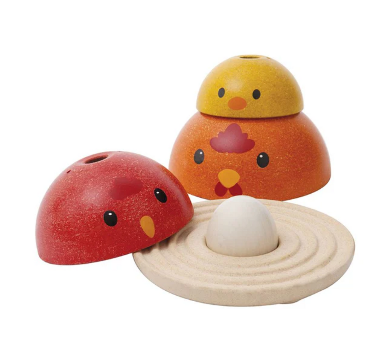Chicken Nesting toy with 4 colorful stacking pieces and a wooden base for early learning and motor skills development.