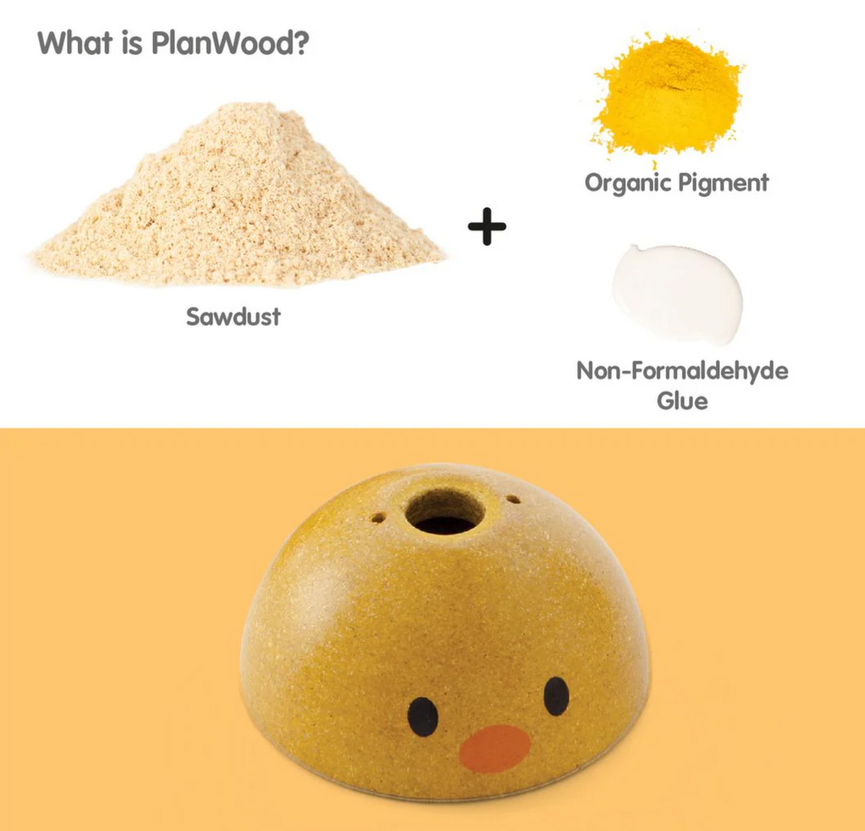 Chicken Nesting toy showing eco-friendly materials used like sawdust, organic pigment, and non-formaldehyde glue.
