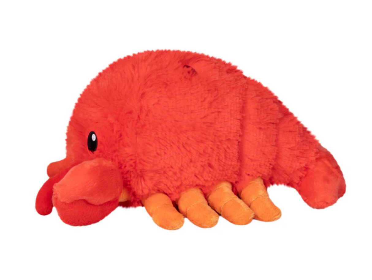 Lobster Mini plush toy in bright red, soft polyester fiber, designed for all ages, measuring 11x10x5.5 inches.