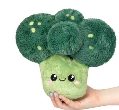 Broccoli Mini plush toy held in hand, soft green polyester fiber with a friendly smiling face, 9.5 inches tall.