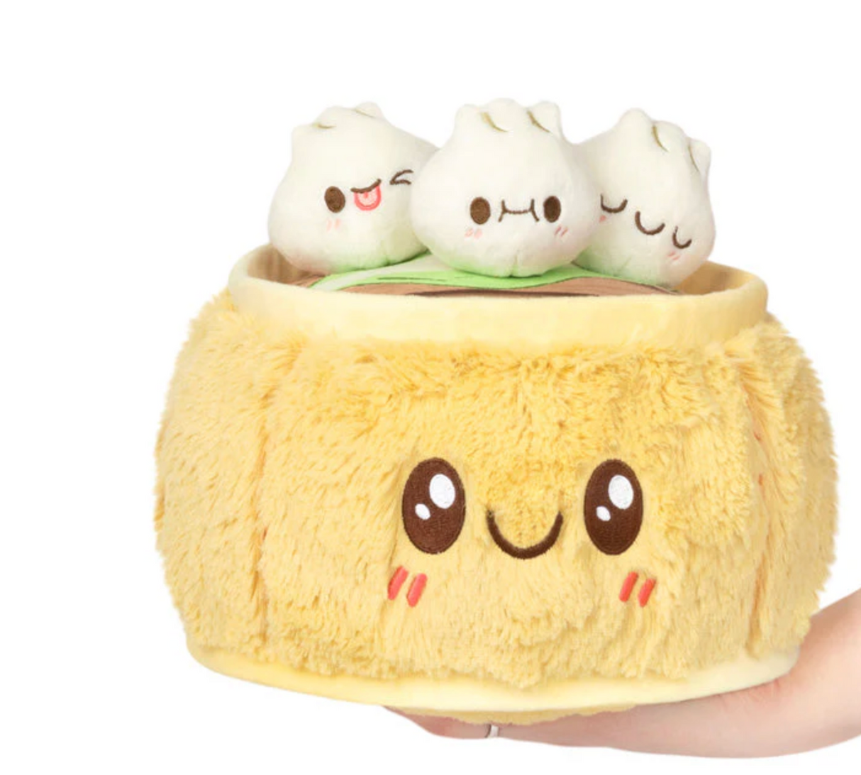 Dim Sum Mini plush toy with three smiling dumplings in a soft yellow basket, perfect for all ages.
