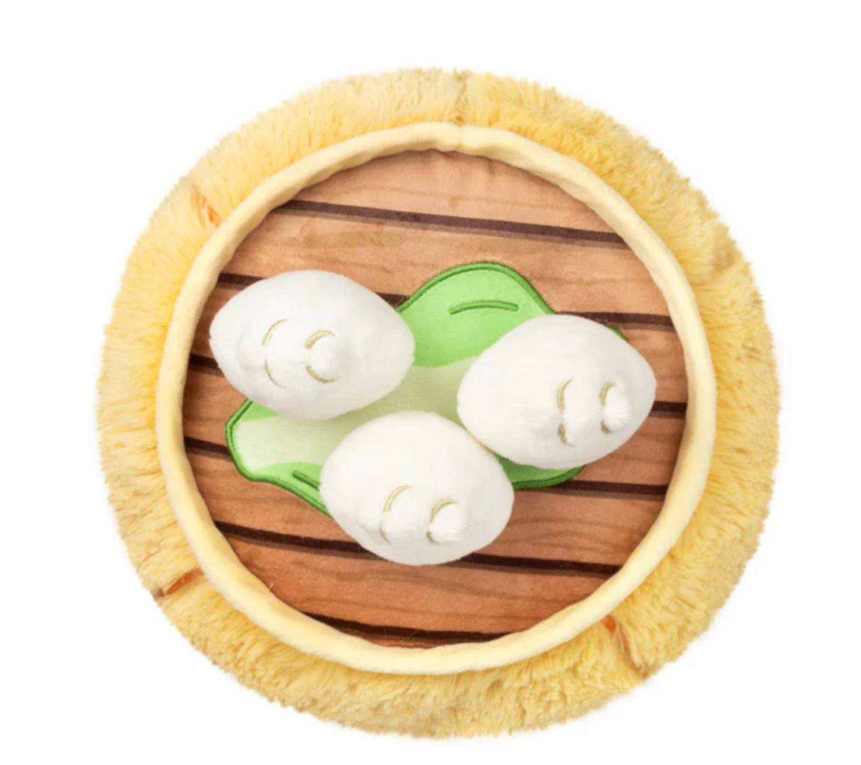 Dim Sum Mini soft plush dumplings in a bamboo steamer, friendly and cozy toy for all ages.