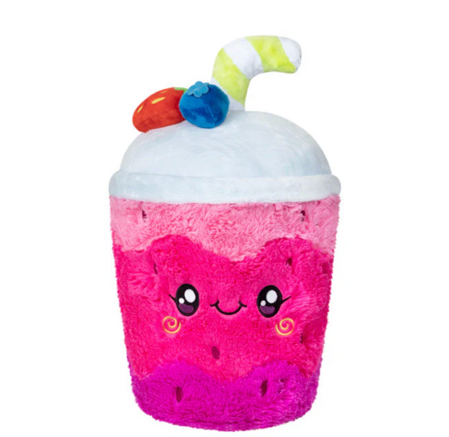Cute pink plush smoothie with fruit toppings and a striped straw, soft polyester fiber for all ages, Smoothie product.