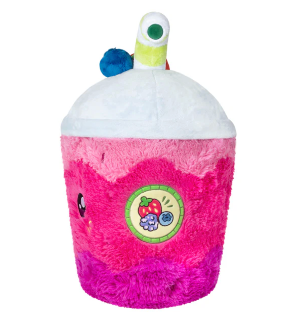 Plush pink and purple smoothie toy with a white lid and colorful straw, soft polyester fiber, called Smoothie.