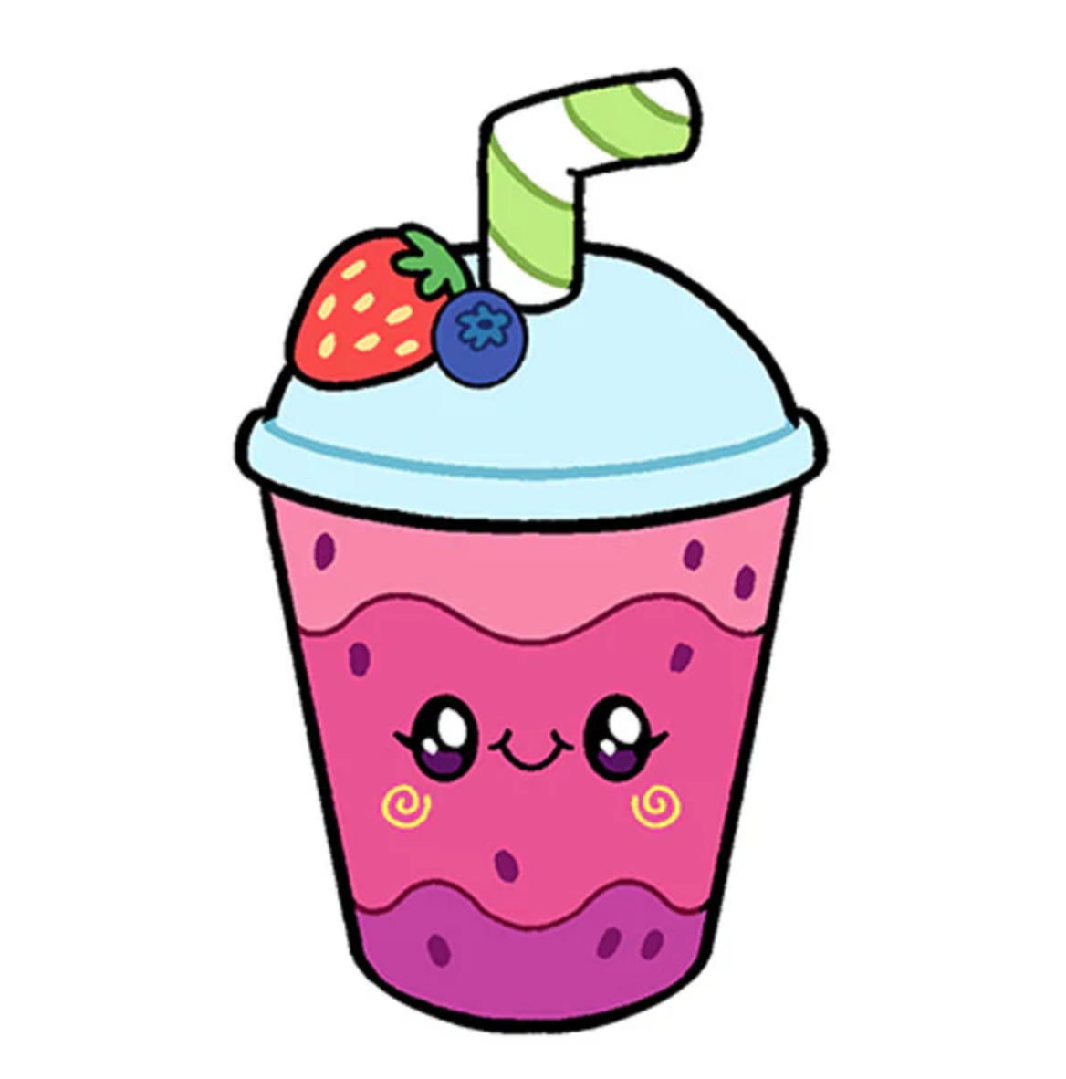 Cute cartoon smoothie cup with strawberry, blueberry, and striped straw, perfect for the Smoothie product.