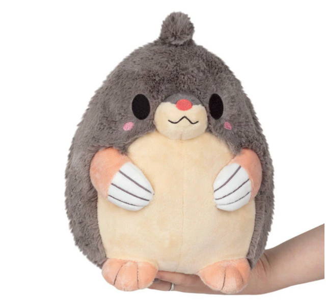 Soft and cuddly Mole Mini plush with gray fur and pink cheeks, perfect for all ages and cozy hugs.