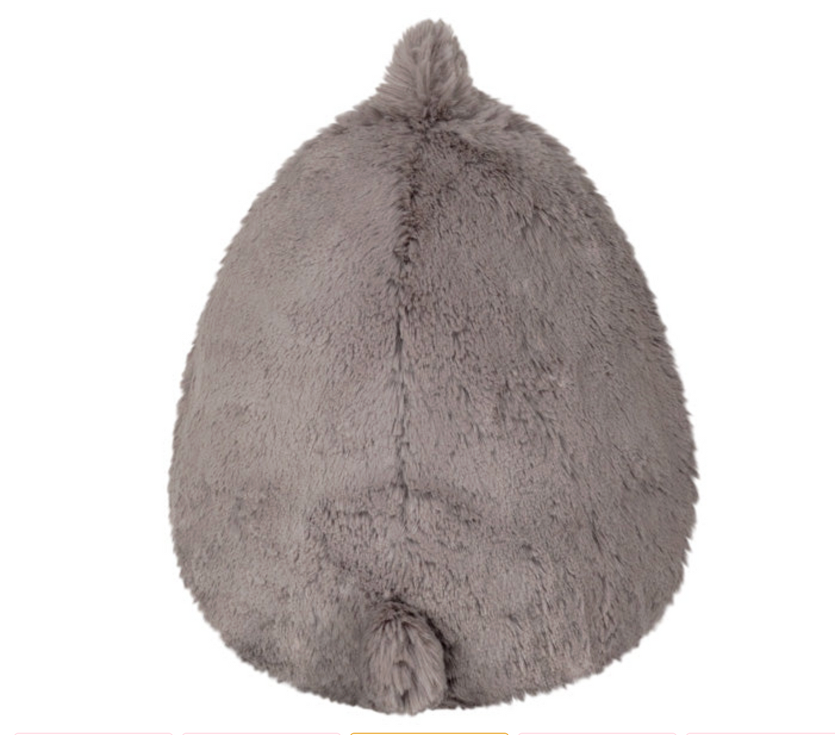 Gray plush soft stuffed toy viewed from the back, showing tail, called Mole Mini.