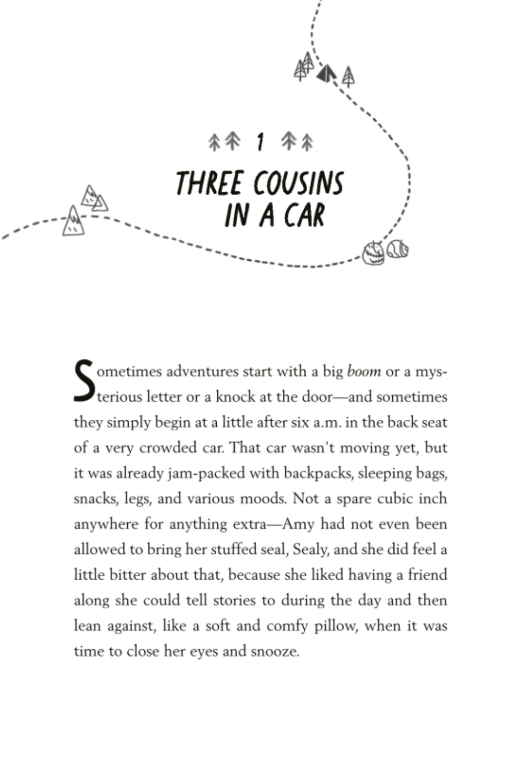 Page from The Long Way Around showing the start of the cousins' adventure packed in a car with hiking gear.