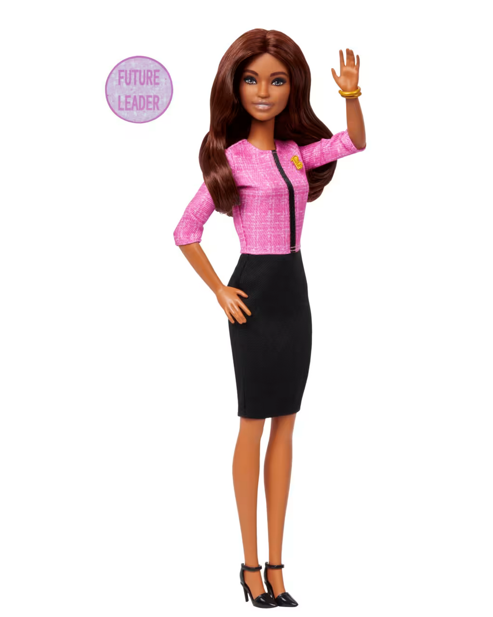 Barbie Future Leader doll in pink blazer and black skirt with golden bracelets and Future Leader sticker accessory.