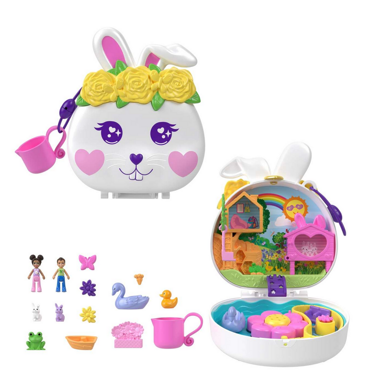 Polly Pocket Bunny World compact with bunny face, flower garden, water play, dolls, and colorful accessories.