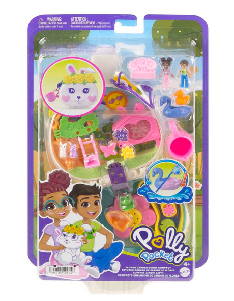 Polly Pocket Bunny World compact with outdoor garden, water play, dolls, and colorful accessories for imaginative fun.