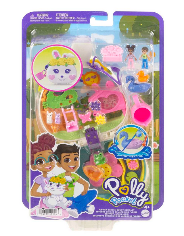 Polly Pocket Bunny World compact with outdoor garden, water play, dolls, and colorful accessories for imaginative fun.