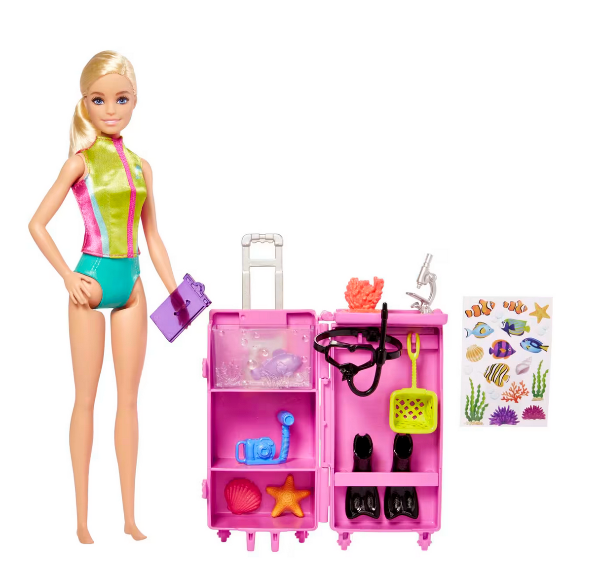 Barbie Marine Biologist Playset with doll, pink mobile lab, snorkel gear, marine life stickers, and lab equipment.