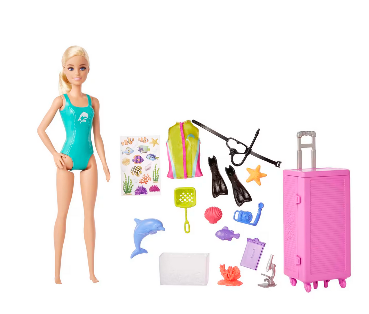 Barbie Marine Biologist Playset with doll, snorkel gear, marine animals, lab equipment, and pink rolling lab case.