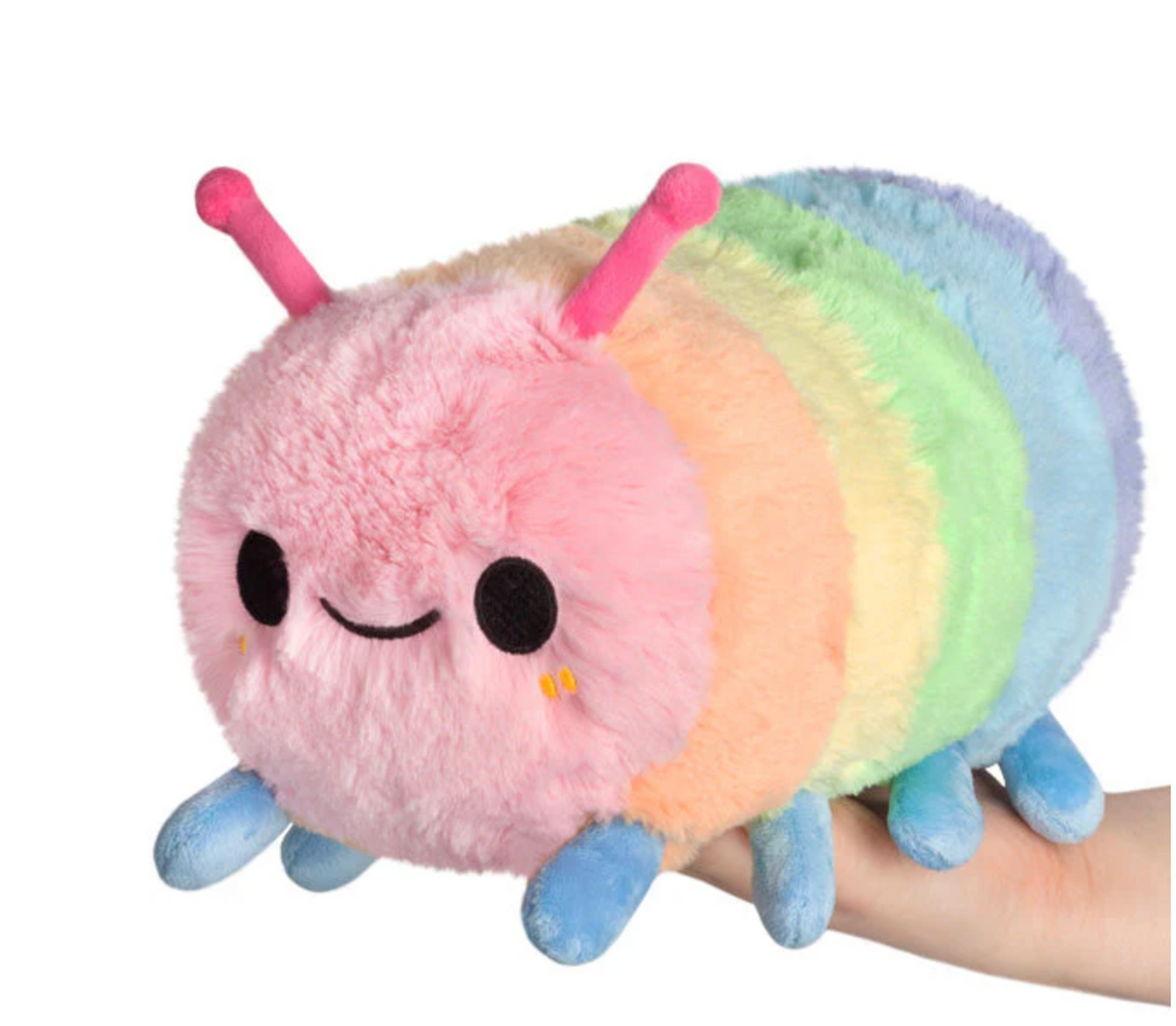 Rainbow Caterpillar Mini plush with pastel rainbow colors and smiling face, perfect for Pride Month 2024.
