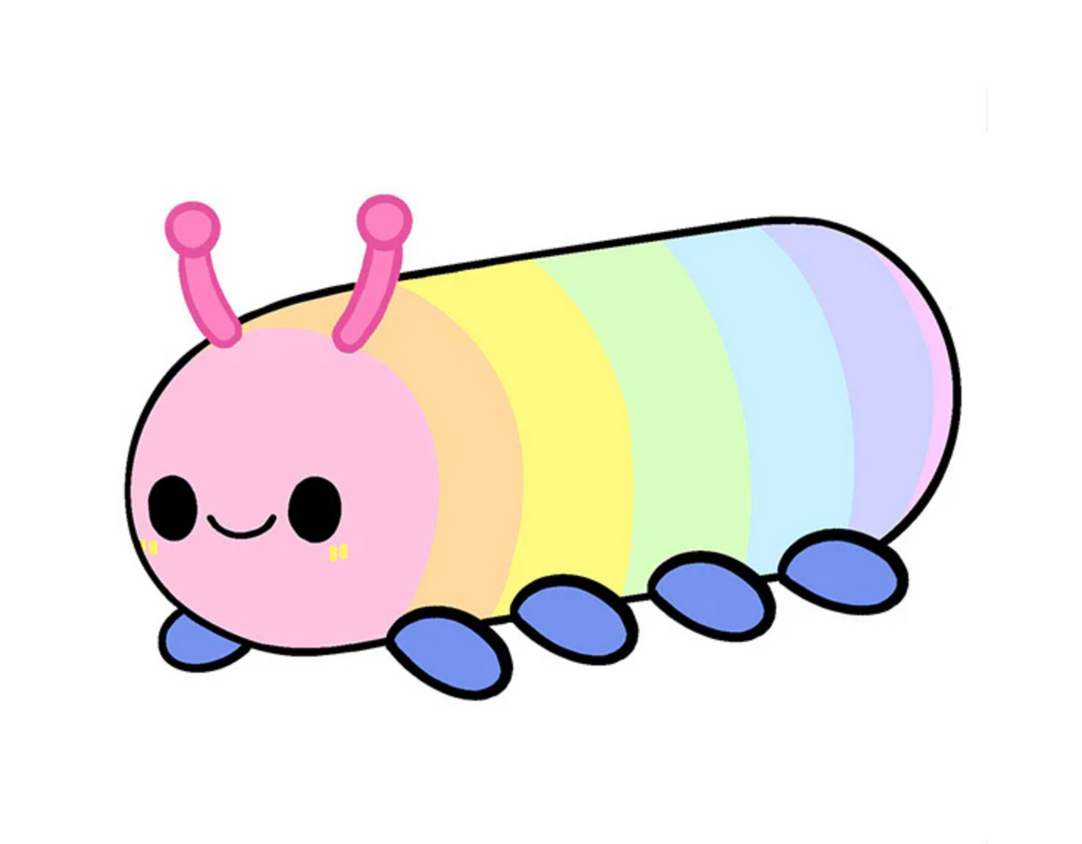 Rainbow Caterpillar Mini plush with smiling face and rainbow stripes designed for Pride Month 2024.