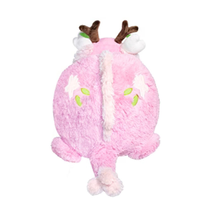 Sakura Dragon plush toy pink with antlers, floral embroidery, and fluffy tail, perfect for all ages.
