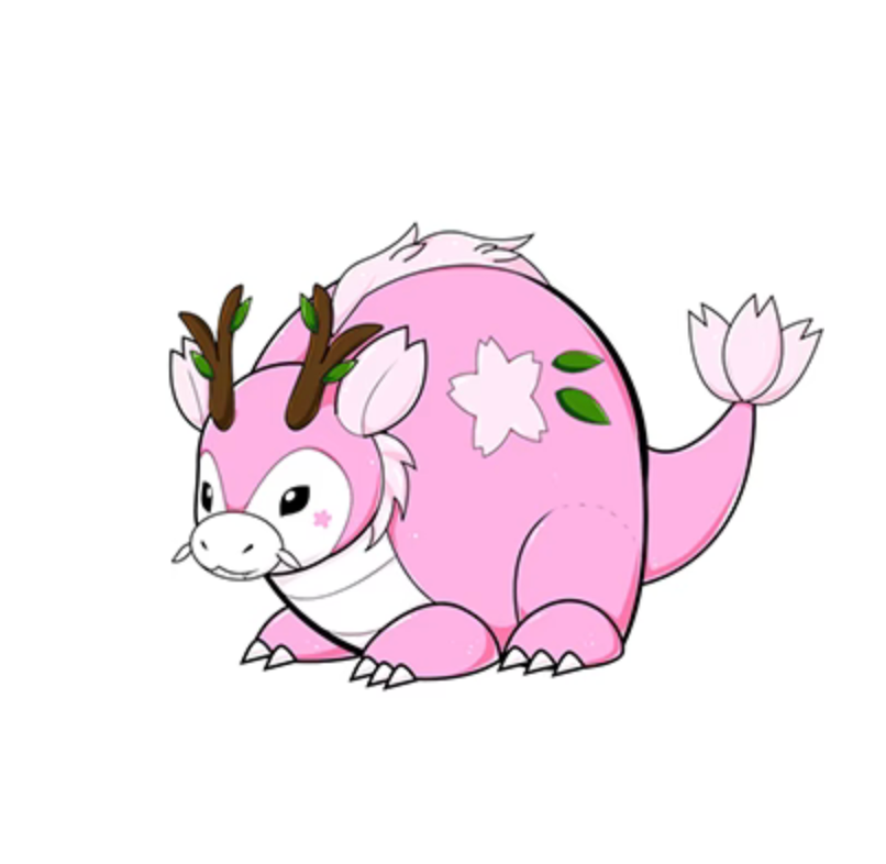 Sakura Dragon plush toy in pink with sakura flower and leaf details, featuring antler-like horns and a flower-shaped tail.