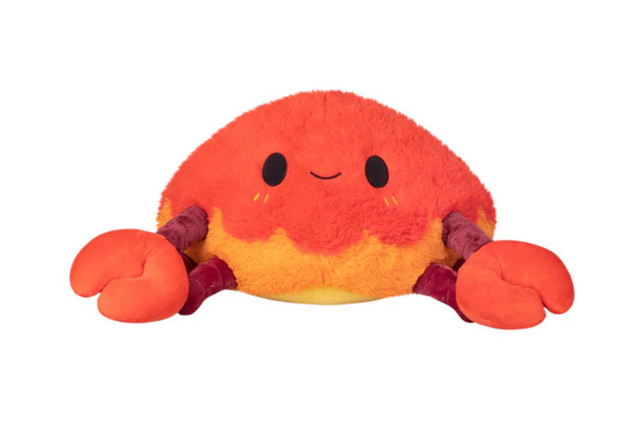 Crab plush with magnetic claws, bright orange and yellow, soft polyester fiber, 19.5 by 17 by 10 inches, friendly smile.
