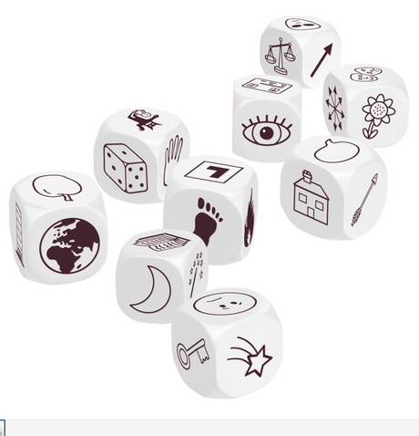 Rory's Story Cubes Classic showing twelve white dice with various black icons for creative storytelling games.