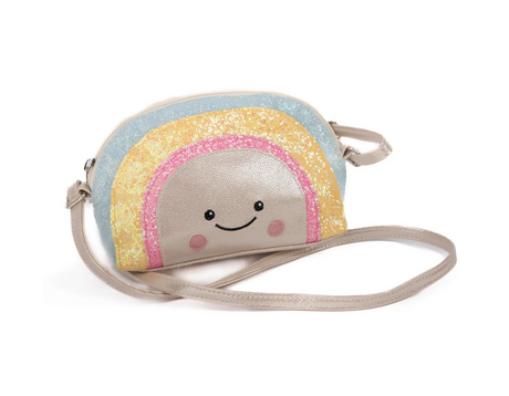 Happy Rainbow Purse with glittering rainbow design and smiling face, adjustable strap, and zip closure for kids.
