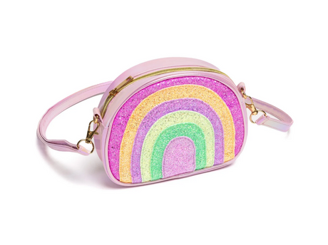 Rainbow Shine Purse with glittery rainbow design, pink strap, zipper closure, perfect for kids and small essentials.