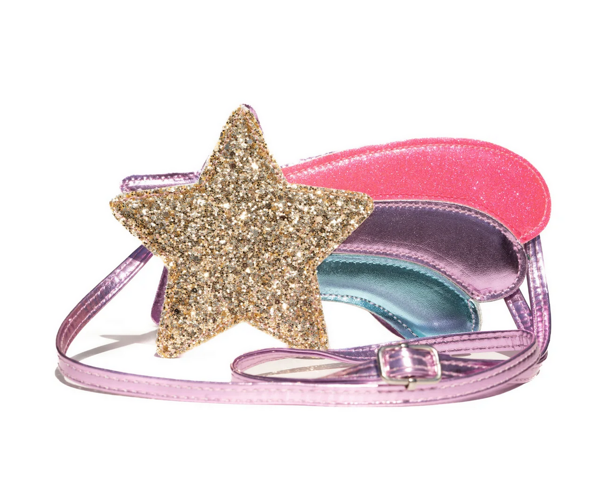 Shooting Star Purse with glittery gold star and colorful pink, purple, and blue accents, perfect for kids ages 3 and up.