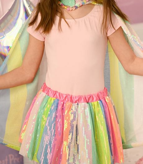 Sequins Skirt | Stripy Size 4-6 with neon rainbow stripes, shiny sequins, and a satin pink waistband on a child.