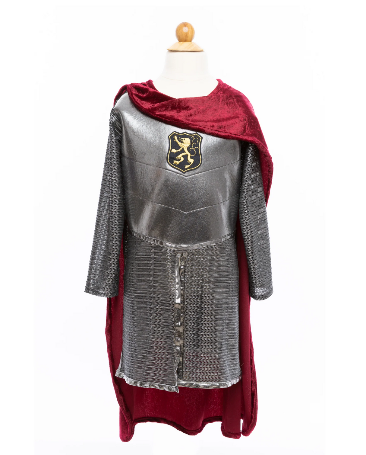 Silver Knight with Cape showing silver chainmail tunic, regal crest, and rich red velour cape on mannequin.