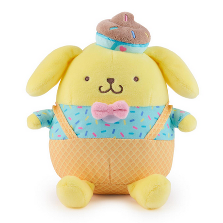 Pompompurin Ice Cream plush with waffle cone pants, sprinkle shirt, pink bowtie, and chocolate ice cream hat sitting happily.