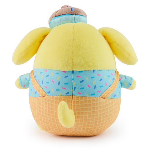 Pompompurin Ice Cream plush showing waffle cone pants, blue sprinkle shirt, and chocolate ice cream hat from the back.