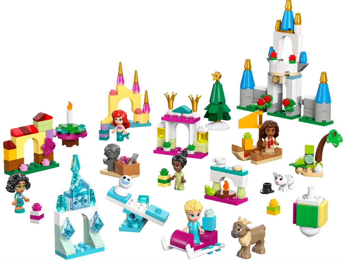 Disney Princess Advent Calendar with LEGO micro-dolls and builds featuring Elsa, Ariel, Moana, and more holiday fun.