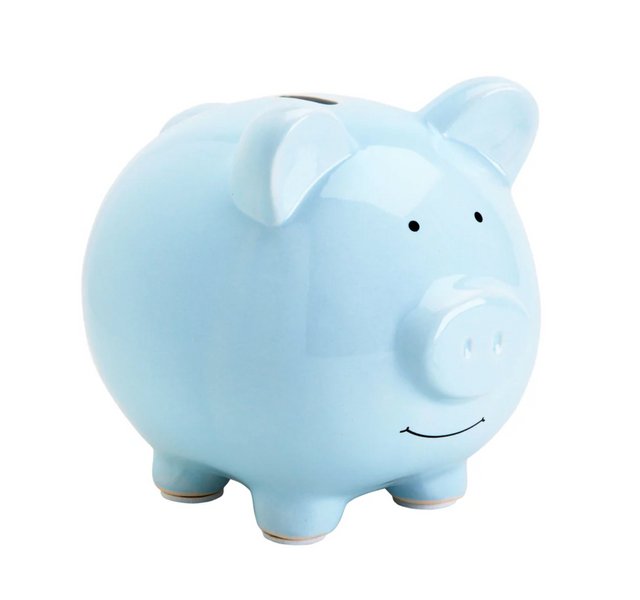 Ceramic Piggy Bank | Blue is a glossy, blue ceramic piggy bank with felt feet and a removable rubber stopper.