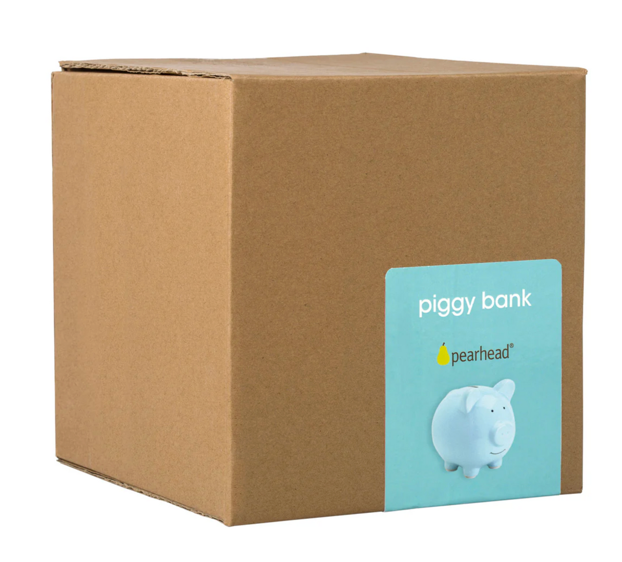 Ceramic Piggy Bank | Blue in cardboard packaging with product label showing a blue ceramic piggy bank image.